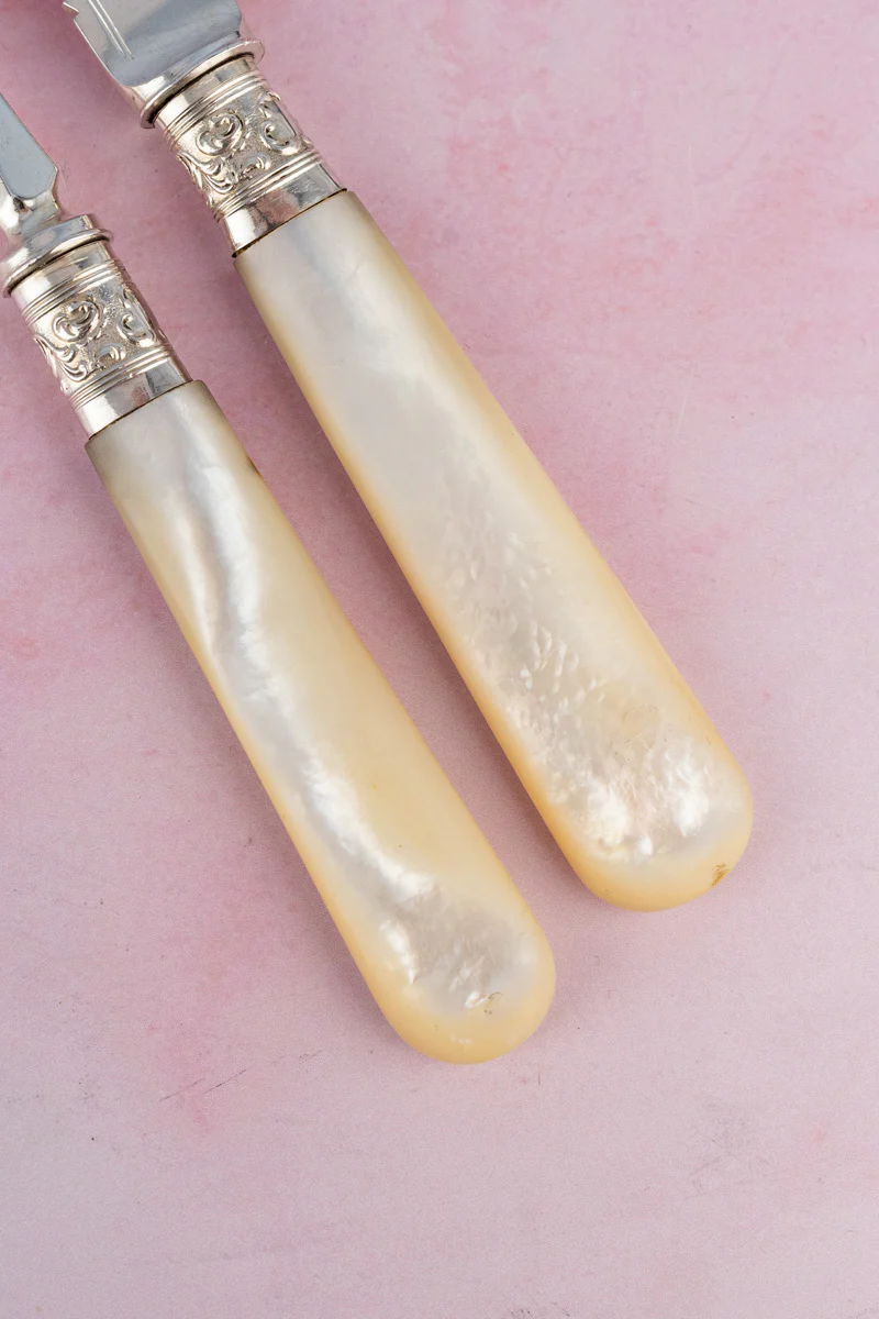 1902 Mother of Pearl and Sterling Cake Knife & Fork - Image 6