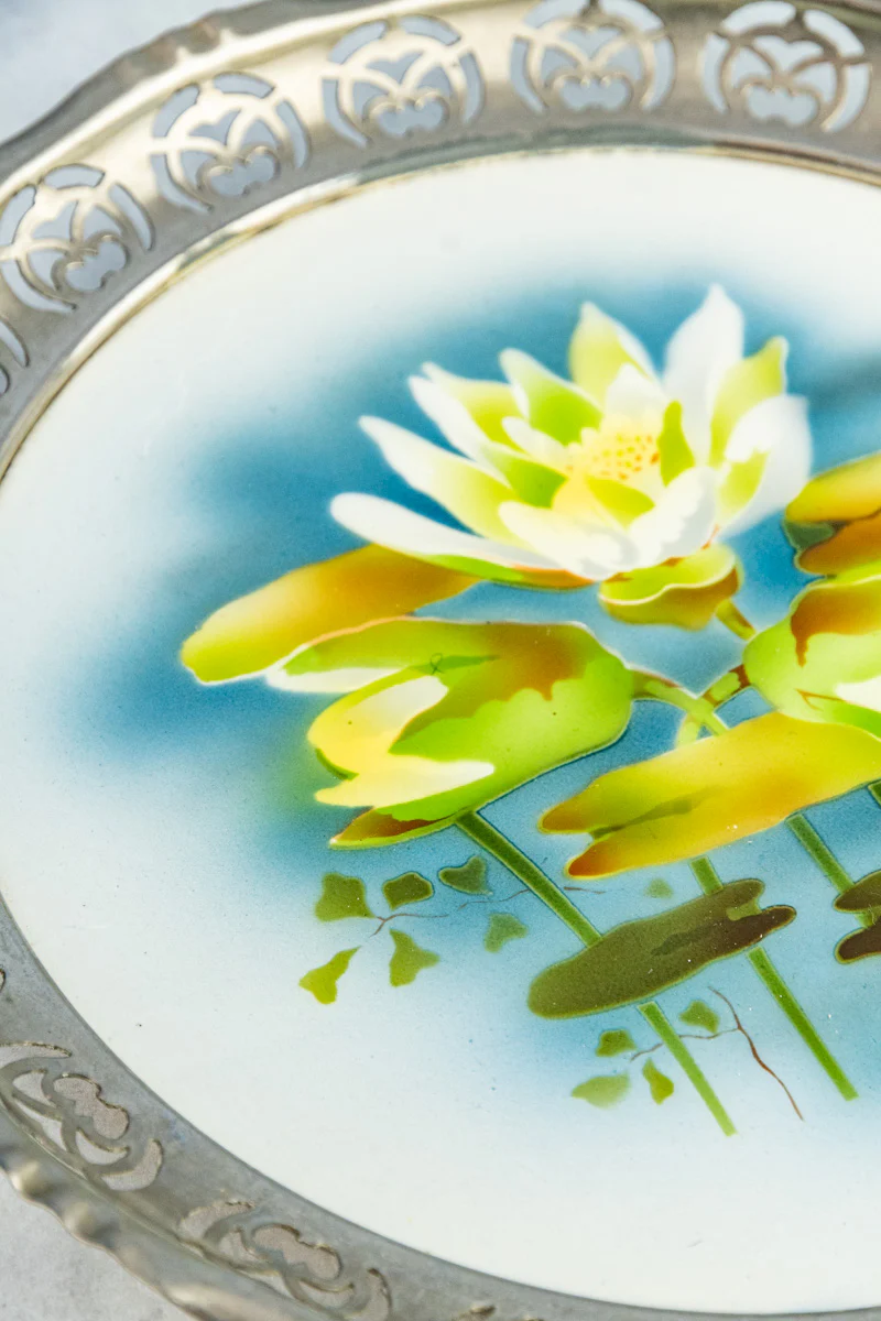 Antique Ceramic & Metal Floral Gallery Tray - Image 4