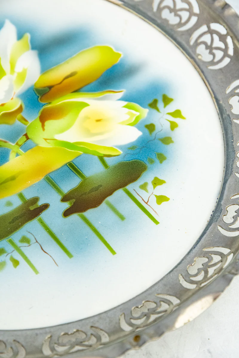 Antique Ceramic & Metal Floral Gallery Tray - Image 5