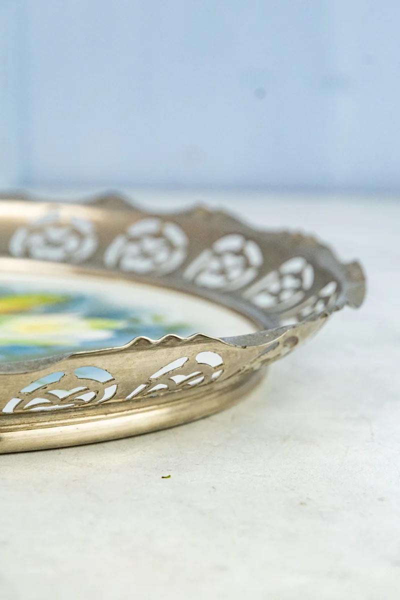 Antique Ceramic & Metal Floral Gallery Tray - Image 6