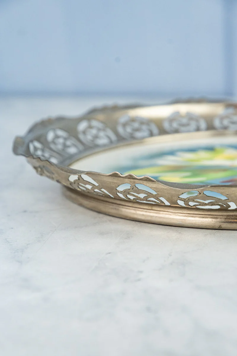 Antique Ceramic & Metal Floral Gallery Tray - Image 7