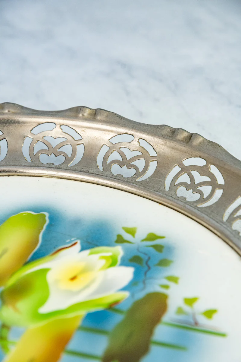 Antique Ceramic & Metal Floral Gallery Tray - Image 8