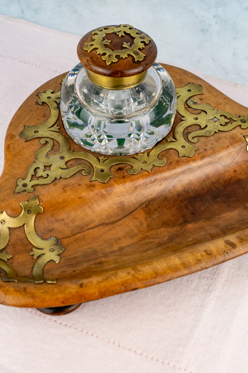 Georgian Burl Wood & Brass Ink Stand - Image 5