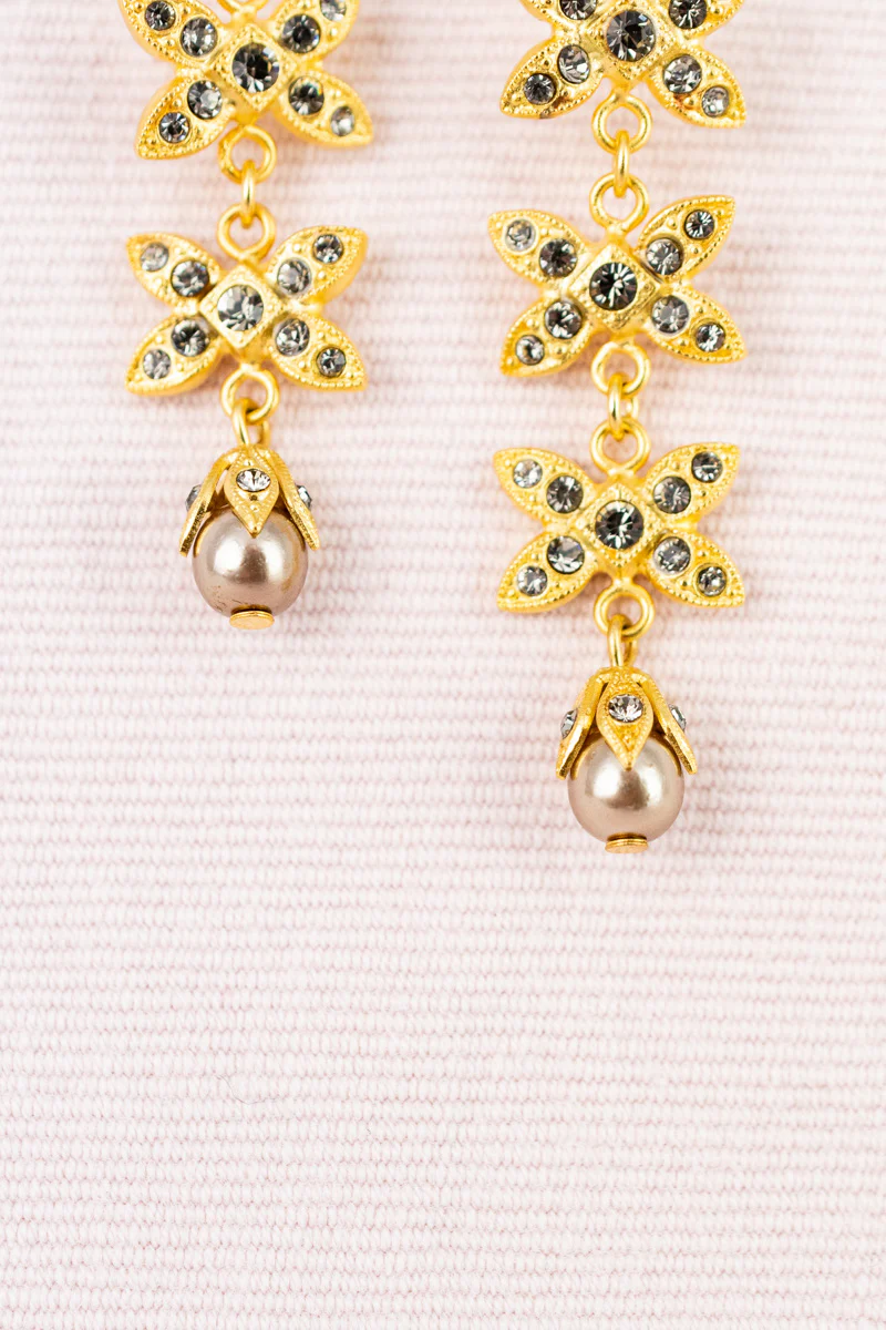 Cascading Crystal and Pearl Floral Earrings - Image 3